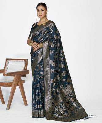 blue faux banarasi art silk blend woven zari ceremonial partywear saree 1