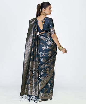 blue faux banarasi art silk blend woven zari ceremonial partywear saree 2