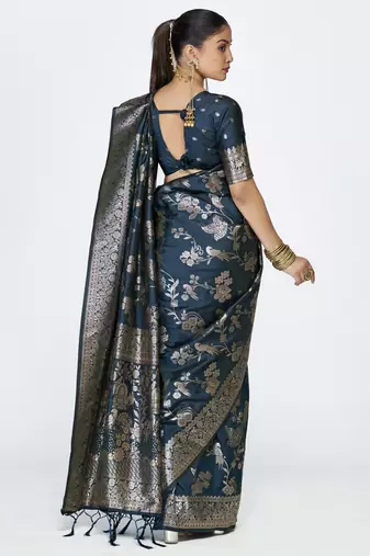 blue faux banarasi art silk blend woven zari ceremonial partywear saree