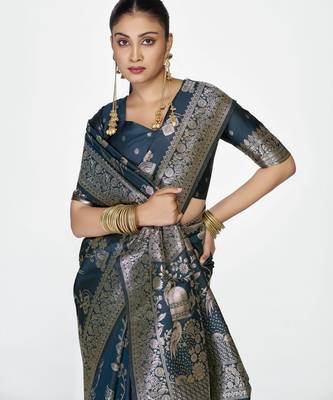 blue faux banarasi art silk blend woven zari ceremonial partywear saree 3