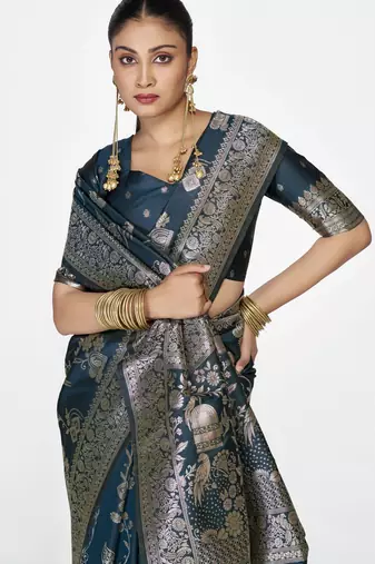 blue faux banarasi art silk blend woven zari ceremonial partywear saree