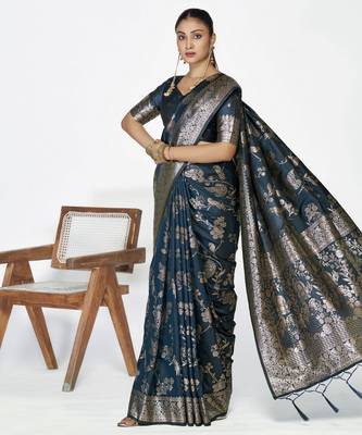 blue faux banarasi art silk blend woven zari ceremonial partywear saree 4