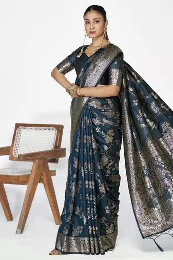 blue faux banarasi art silk blend woven zari ceremonial partywear saree