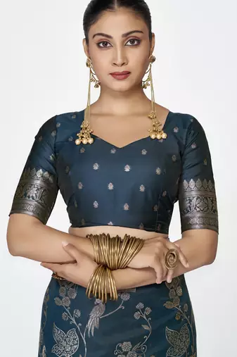 blue faux banarasi art silk blend woven zari ceremonial partywear saree