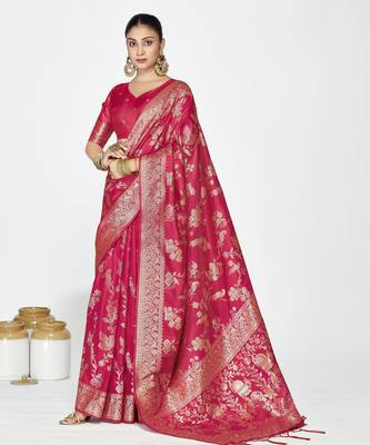pink faux banarasi art silk blend woven zari ceremonial partywear saree 1