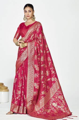 pink color banarasi art silk fabric  woven jari designer ceremonial partywear saree