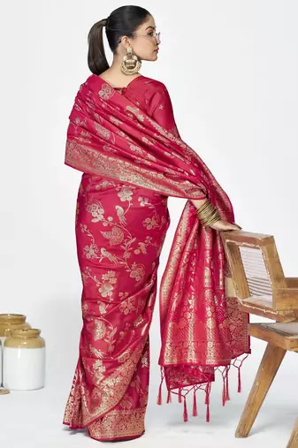 pink faux banarasi art silk blend woven zari ceremonial partywear saree
