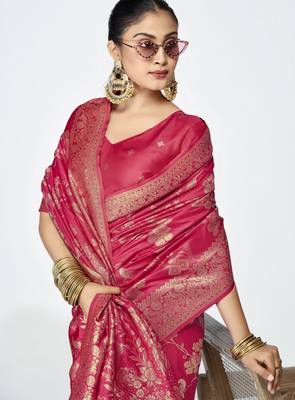pink faux banarasi art silk blend woven zari ceremonial partywear saree 3