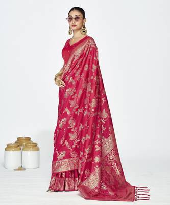 pink faux banarasi art silk blend woven zari ceremonial partywear saree 4