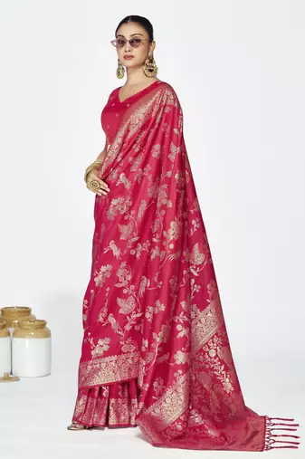 pink faux banarasi art silk blend woven zari ceremonial partywear saree