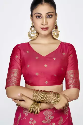 pink faux banarasi art silk blend woven zari ceremonial partywear saree