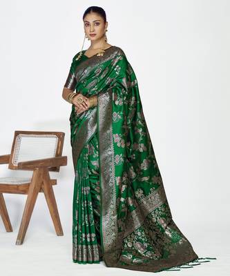 green faux banarasi art silk blend woven zari ceremonial partywear saree 1