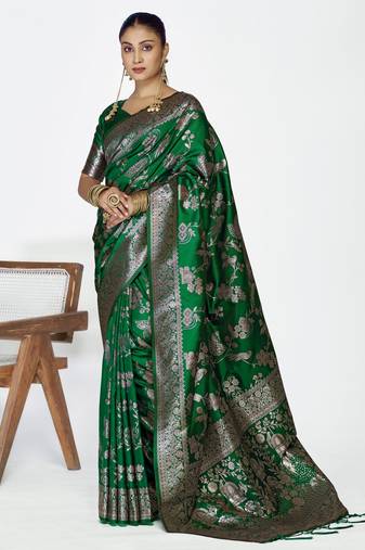 green color banarasi art silk fabric  woven jari designer ceremonial partywear saree