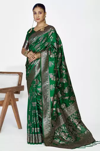 green color banarasi art silk fabric  woven jari designer ceremonial partywear saree