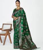 green color banarasi art silk fabric  woven jari designer ceremonial partywear saree