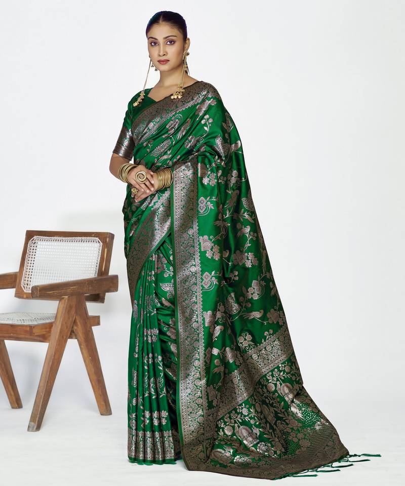 green color banarasi art silk fabric  woven jari designer ceremonial partywear saree