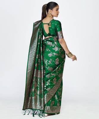 green faux banarasi art silk blend woven zari ceremonial partywear saree 2
