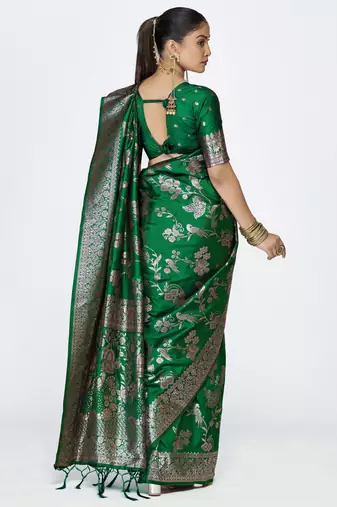 green faux banarasi art silk blend woven zari ceremonial partywear saree