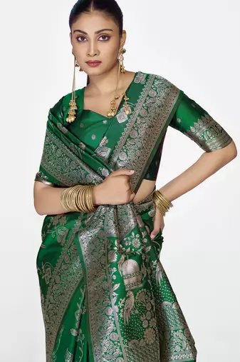 green faux banarasi art silk blend woven zari ceremonial partywear saree