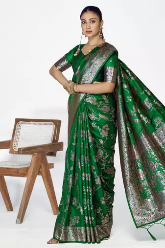 green faux banarasi art silk blend woven zari ceremonial partywear saree