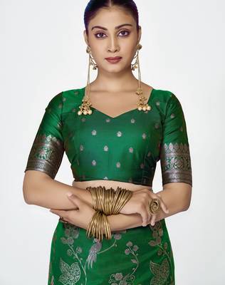 green faux banarasi art silk blend woven zari ceremonial partywear saree 5