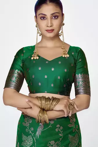 green faux banarasi art silk blend woven zari ceremonial partywear saree