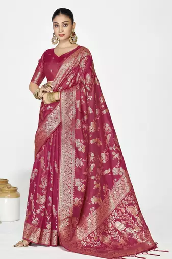 rose pink color banarasi art silk fabric  woven jari designer ceremonial partywear saree