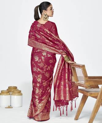 rose pink faux banarasi art silk blend woven zari ceremonial partywear saree 2