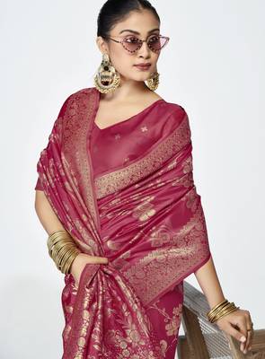rose pink faux banarasi art silk blend woven zari ceremonial partywear saree 3