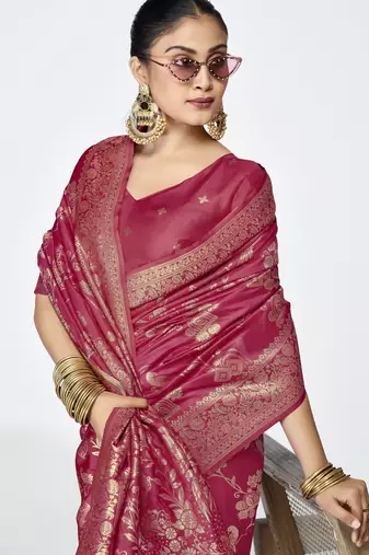 rose pink faux banarasi art silk blend woven zari ceremonial partywear saree