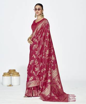 rose pink faux banarasi art silk blend woven zari ceremonial partywear saree 4
