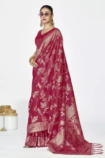 rose pink faux banarasi art silk blend woven zari ceremonial partywear saree