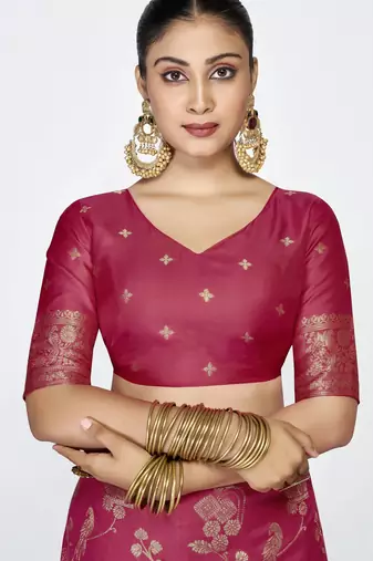 rose pink faux banarasi art silk blend woven zari ceremonial partywear saree