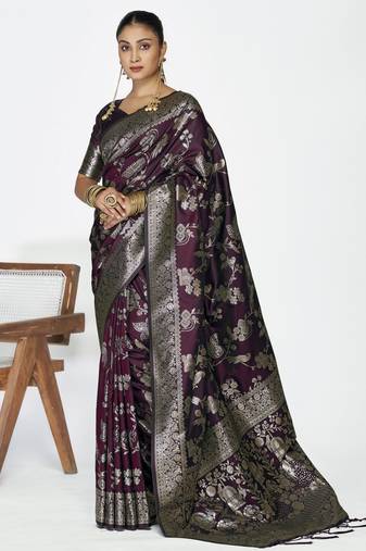wine color banarasi art silk fabric  woven jari designer ceremonial partywear saree