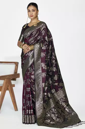 wine color banarasi art silk fabric  woven jari designer ceremonial partywear saree