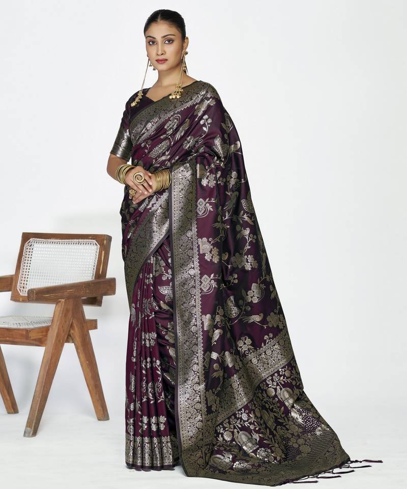 wine color banarasi art silk fabric  woven jari designer ceremonial partywear saree