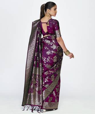 wine faux banarasi art silk blend woven zari ceremonial partywear saree 2