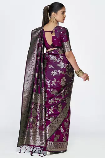 wine faux banarasi art silk blend woven zari ceremonial partywear saree