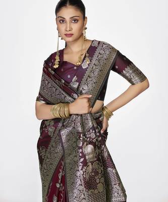 wine faux banarasi art silk blend woven zari ceremonial partywear saree 3