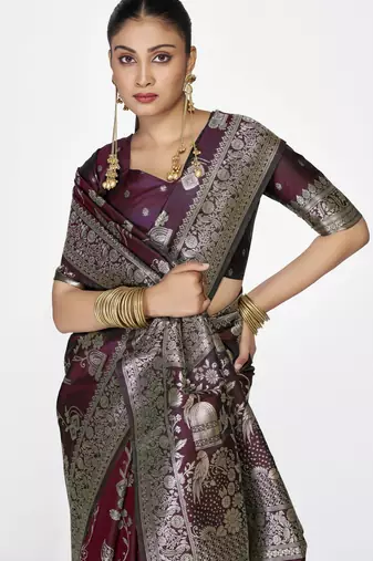 wine faux banarasi art silk blend woven zari ceremonial partywear saree
