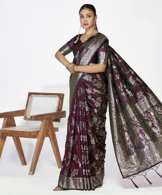 wine faux banarasi art silk blend woven zari ceremonial partywear saree 4