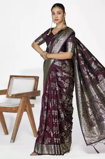 wine faux banarasi art silk blend woven zari ceremonial partywear saree