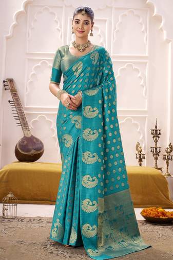 firozi color roop art silk fabric weaving jari designer festive special saree