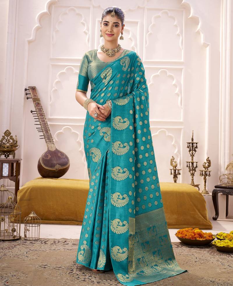 firozi color roop art silk fabric weaving jari designer festive special saree