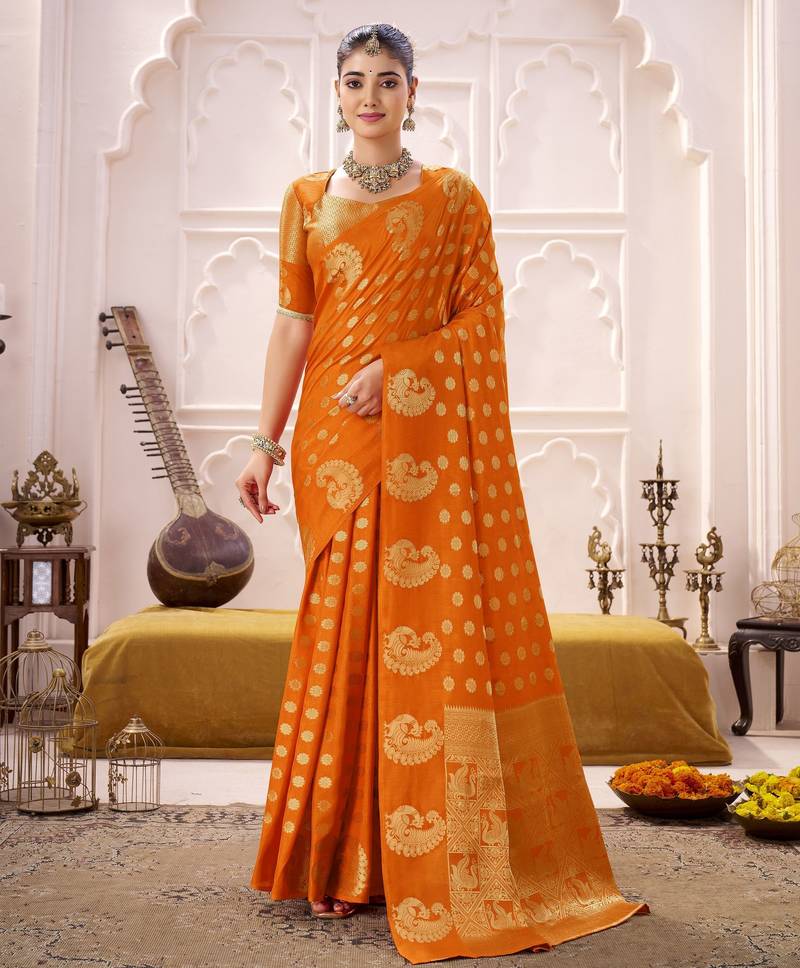orange color roop art silk fabric weaving jari designer festive special saree