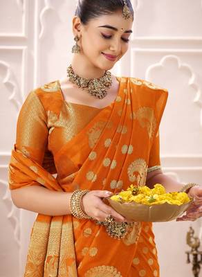 orange roop art silk blend weaving zari festive special saree 4