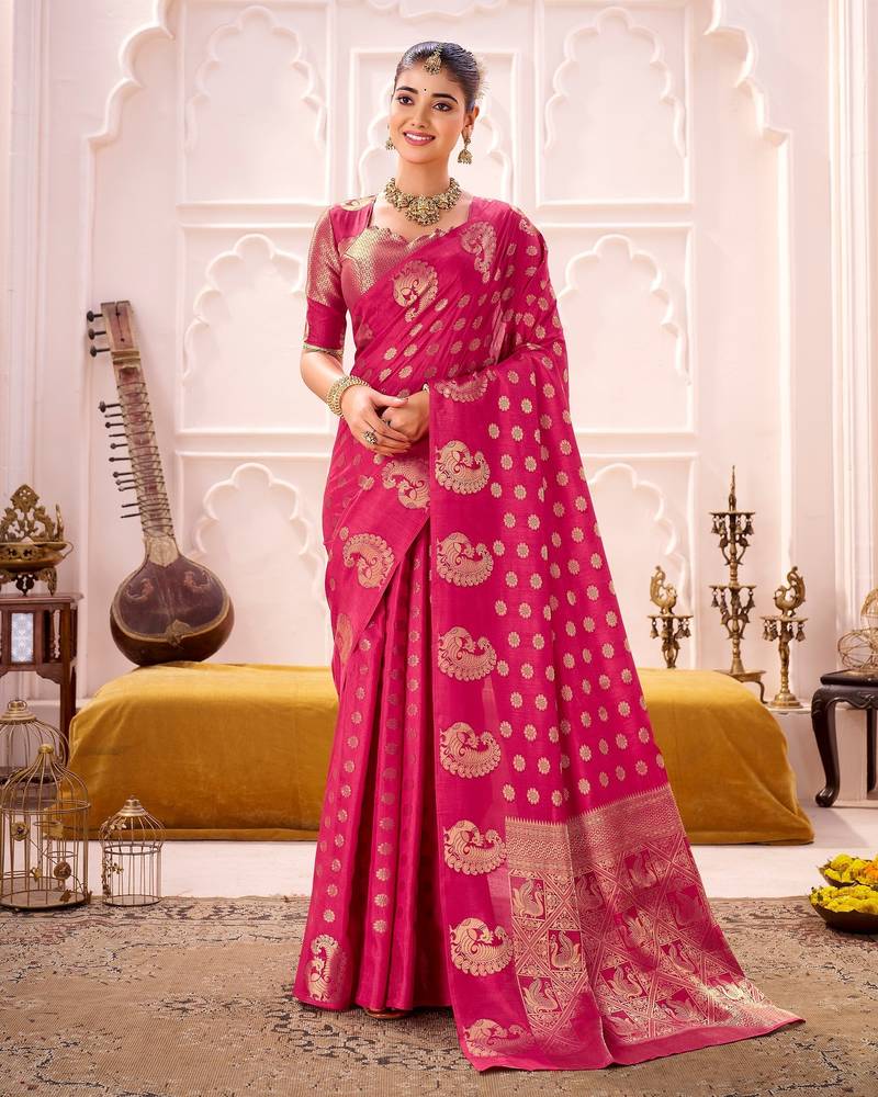 pink color roop art silk fabric weaving jari designer festive special saree