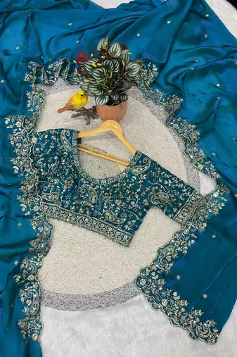 blue color embroidered satin silk blend saree
