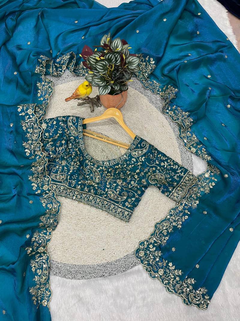 blue color embroidered satin silk blend saree