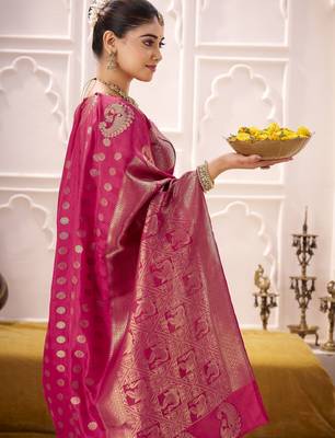 pink roop art silk blend weaving zari festive special saree 4